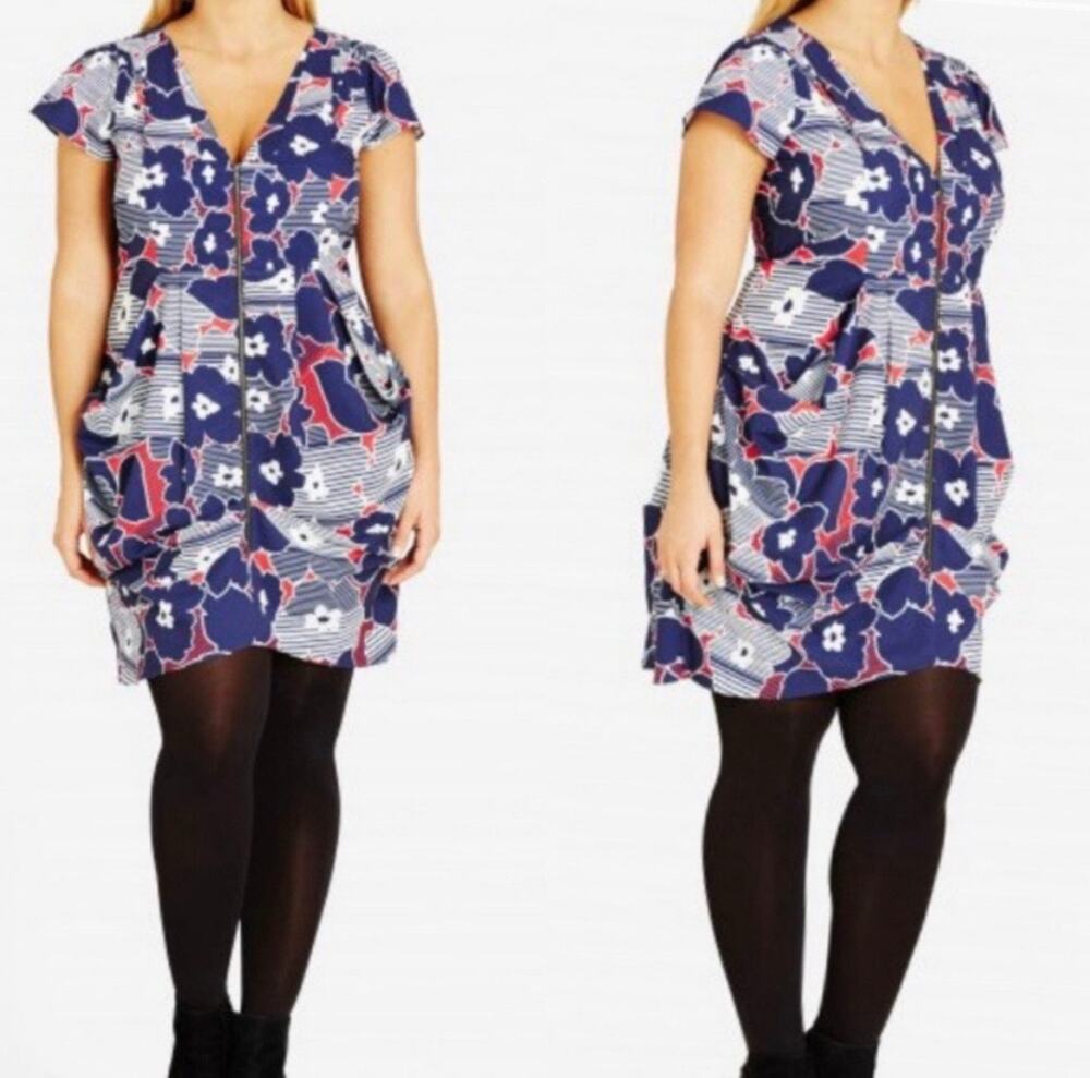 City Chic Abstract Floral Zip Front Dress Tunic Rivera XXL
